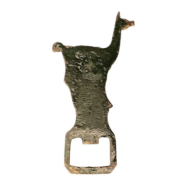 Vintage Llama Alpaca Shaped Beer Nottle Opener Green And Gold Metal 4" x 2" - Picture 2 of 6